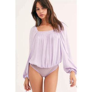 Free People Intimately FP Lilac Off-Shoulder Bodysuit Top Balloon Sleeve Lace XS